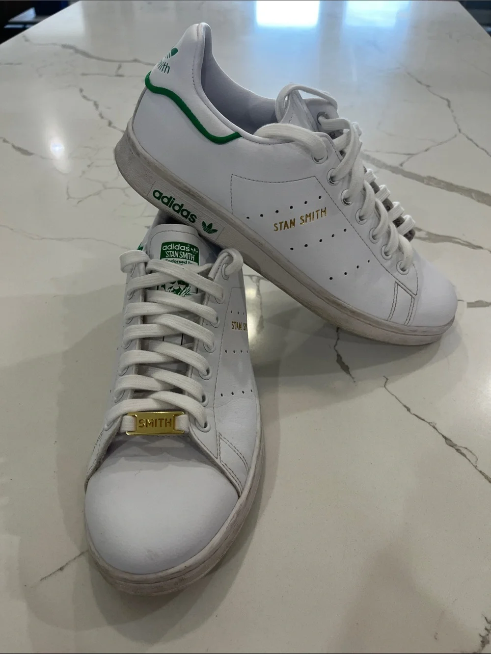 adidas White Stan Smith Sneakers with Green Heel Tab and Gold Lace Tags